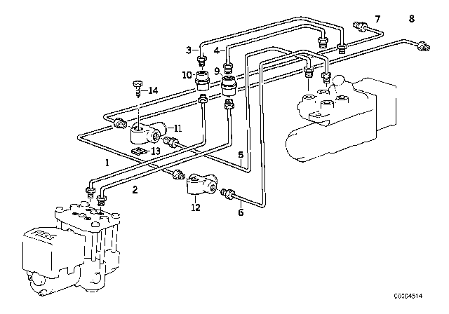 1992 BMW 750iL Brake Pipe Front ABS/ASC+T Diagram