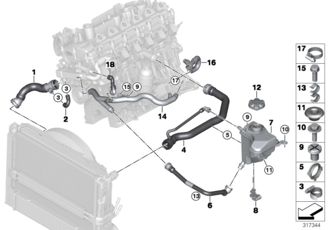 2011 BMW 335d Cooling System Coolant Hoses Diagram 1