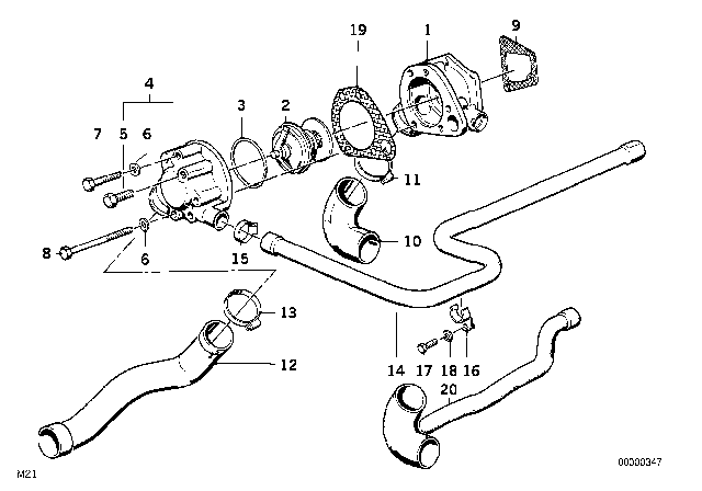 1985 BMW 524td Cooling System - Thermostat / Water Hoses Diagram