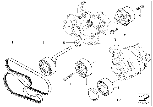 2010 BMW 335d Belt Drive Water Pump / Alternator Diagram