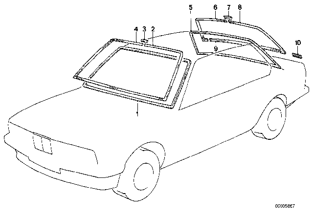 1985 BMW 635CSi Glazing, Mounting Parts Diagram