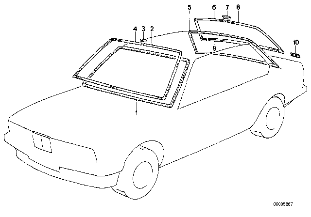 1978 BMW 633CSi Glazing, Mounting Parts Diagram