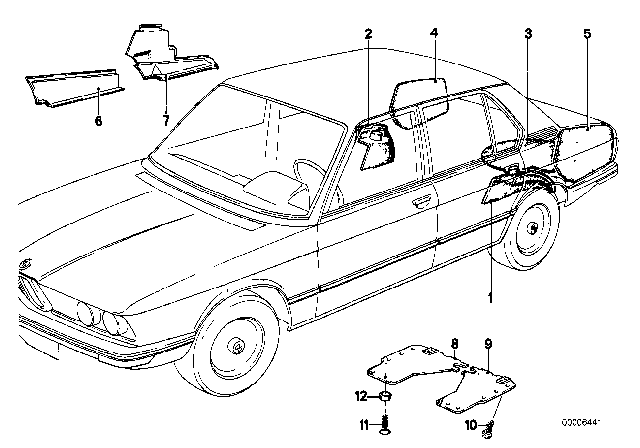 1977 BMW 530i Left / Right Rear Trunk Trim Panel Diagram