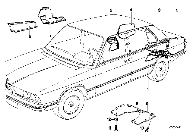 1979 BMW 528i Left / Right Rear Trunk Trim Panel Diagram