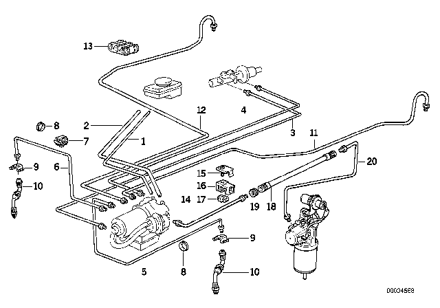 1994 BMW 325i Brake Pipe Front ABS/ASC+T Diagram