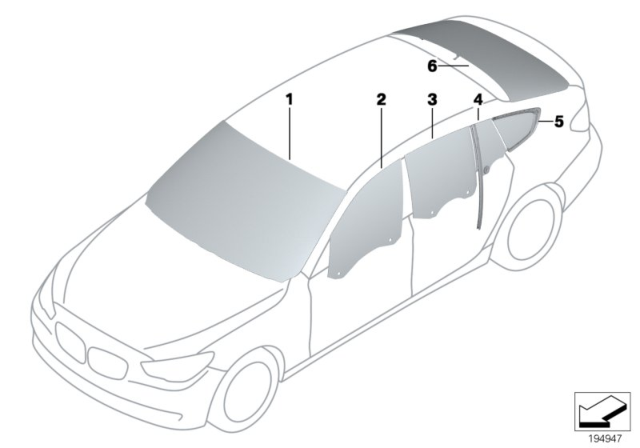 2014 BMW 535i GT xDrive Glazing Diagram