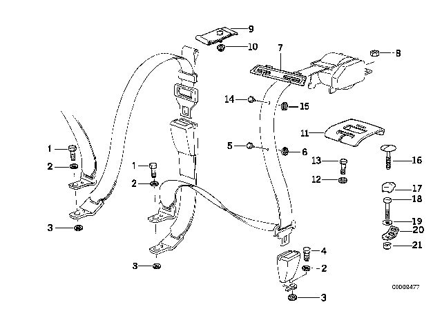 1993 BMW 320i Rear Safety Belt Mounting Parts Diagram