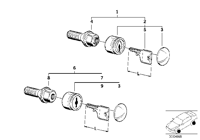 1987 BMW 535i Wheel Bolt Lock With Key Diagram