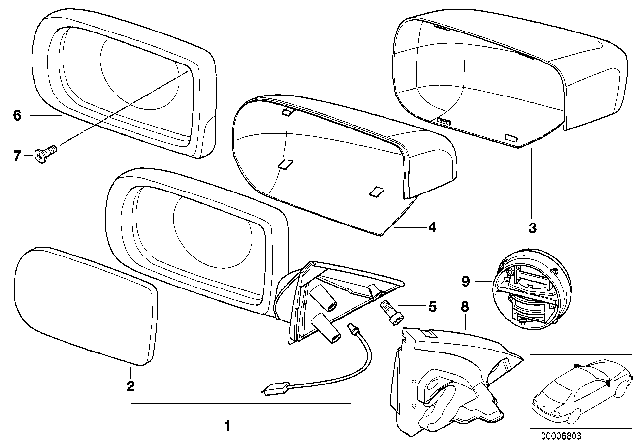 2001 BMW 540i Outside Mirror Diagram 1