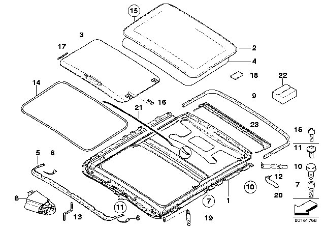 2001 BMW 325i Slide Lifting Roof-Cover / Ceiling Frame Diagram