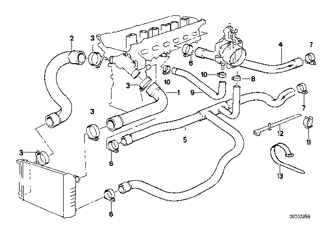 1993 BMW 525i Cooling System - Water Hoses Diagram 1