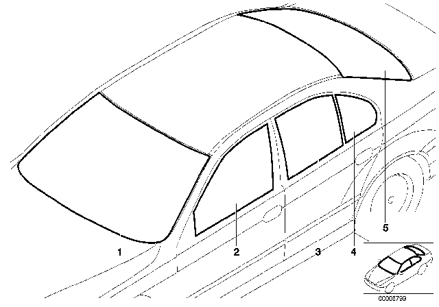 2001 BMW 540i Glazing Diagram