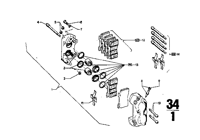 1971 BMW 2800CS Front Brake - Brake Caliper / Brake Lining Diagram 1