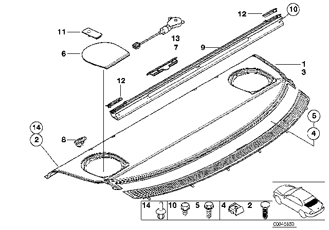 2005 BMW 330xi Rear Window Shelf / Sun Blind Diagram