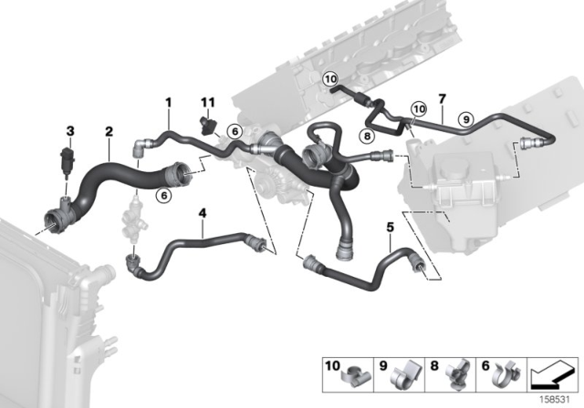 2005 BMW X5 Cooling System - Water Hoses Diagram