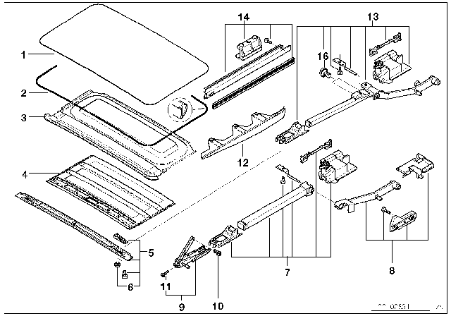 2003 BMW 530i Slide Lifting Roof-Cover / Ceiling Frame Diagram