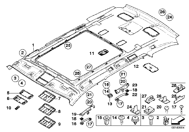 2010 BMW 535i xDrive Headlining / Handle Panoramic Roof Diagram