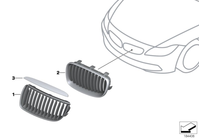 2004 BMW 330Ci Ornam.Grille, High-Gloss, Black, Front.Left Diagram for 51132158537