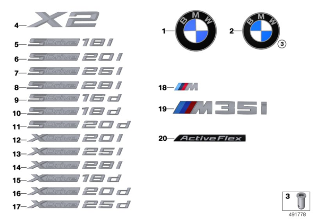 2018 BMW X2 Emblems / Letterings Diagram