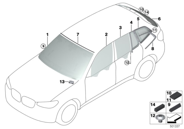 2020 BMW X3 Glazing Diagram