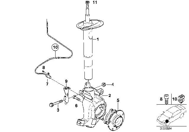 2001 BMW 540i Front Spring Strut / Carrier / Wheel Bearing Diagram