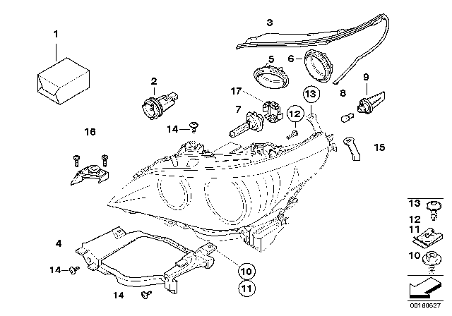 2009 BMW 550i Individual Parts For Headlamp, Halogen Diagram