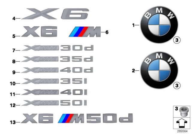 2012 BMW X6 M Trunk Lid X6 Emblem Diagram for 51147206122