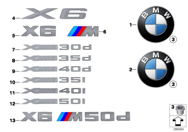 2012 BMW X6 M Emblems / Letterings Diagram