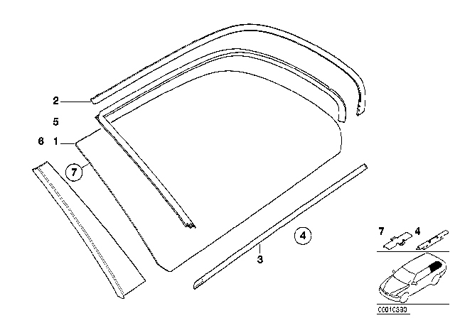 2001 BMW 540i Side Window, Fixed Diagram