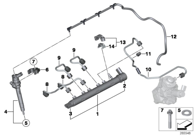 2014 BMW 328d xDrive High Pressure Accumulator / Injector / Line Diagram