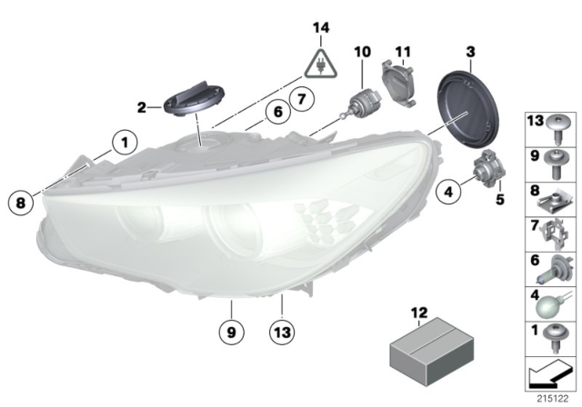 2012 BMW 535i GT xDrive Single Components For Headlight Diagram 1