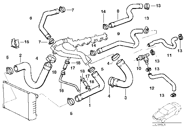 1992 BMW M5 Cooling System Water Hose Diagram for 11531312690