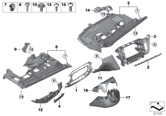 2016 BMW 640i Mounting Parts, Instrument Panel Diagram 1