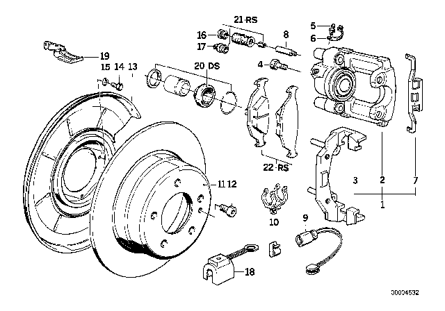 1988 BMW 735i Rear Wheel Brake, Brake Pad Sensor Diagram