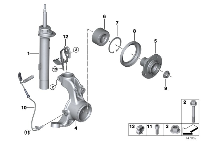 2009 BMW 328i xDrive Front Spring Strut / Carrier / Wheel Bearing Diagram