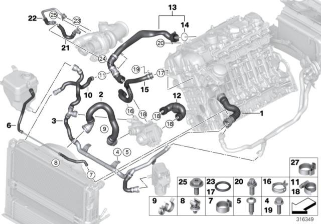 2011 BMW 335i xDrive Heater Return-Thermostat Line Diagram for 17127599459