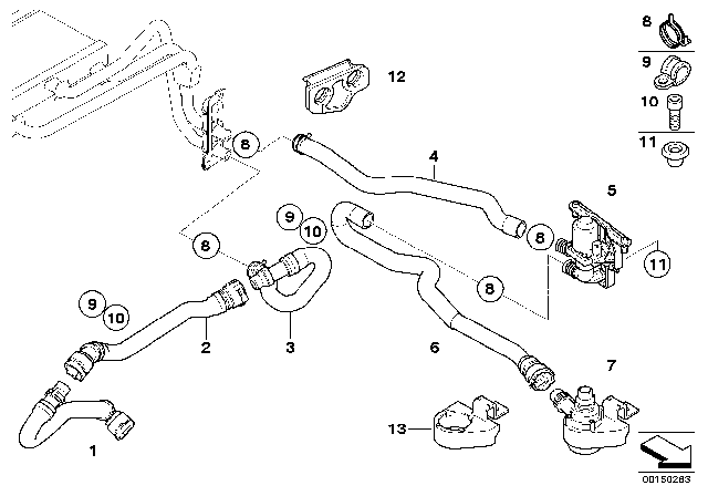 2005 BMW 545i Hose For Water Valve And Radiator Diagram for 64216911001