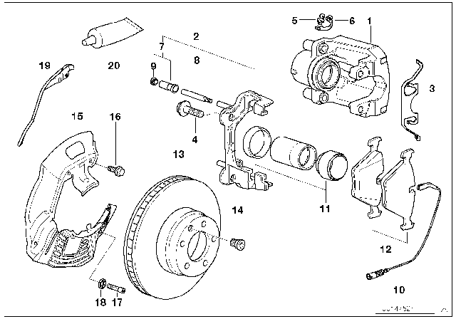 2002 BMW 540i Front Wheel Brake, Brake Pad Sensor Diagram