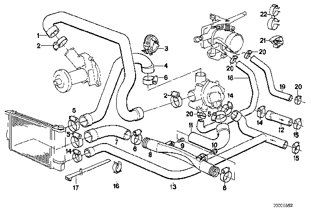 1990 BMW 525i Cooling System - Water Hoses Diagram