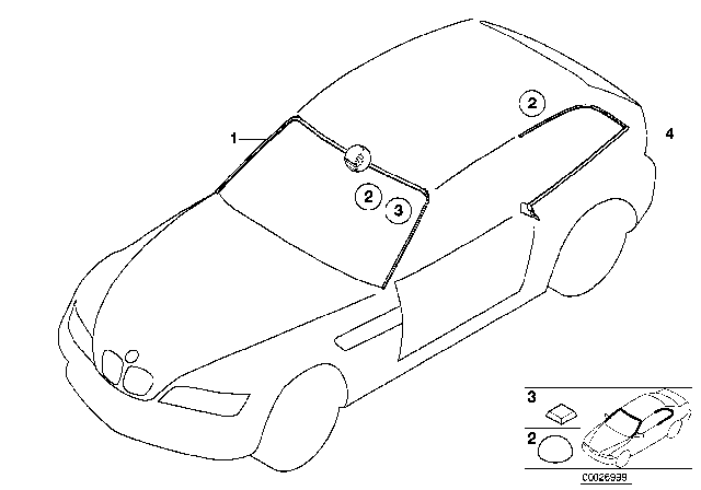 1999 BMW Z3 M Glazing, Mounting Parts Diagram