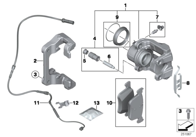 2013 BMW X3 Front Wheel Brake, Brake Pad Sensor Diagram