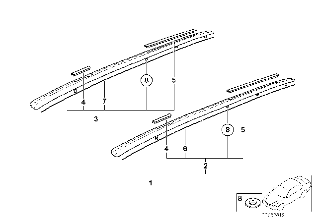 1992 BMW 525i Retrofit Kit, Roof Railing Diagram