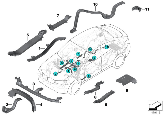 2011 BMW X3 Wiring Harness Covers / Cable Ducts Diagram