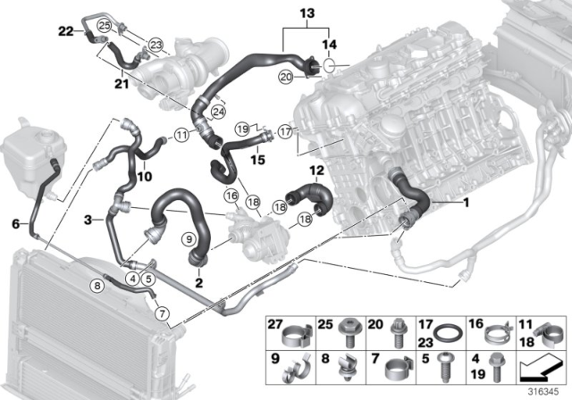 2011 BMW 335i Cooling System Coolant Hoses Diagram 1