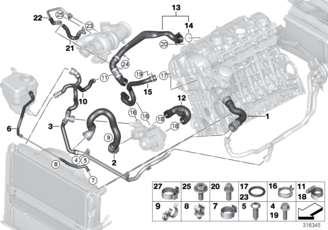 2011 BMW 335i Heater Return Thermostat Hose Diagram for 17127599454