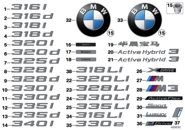 2018 BMW 330i xDrive Emblems / Letterings Diagram