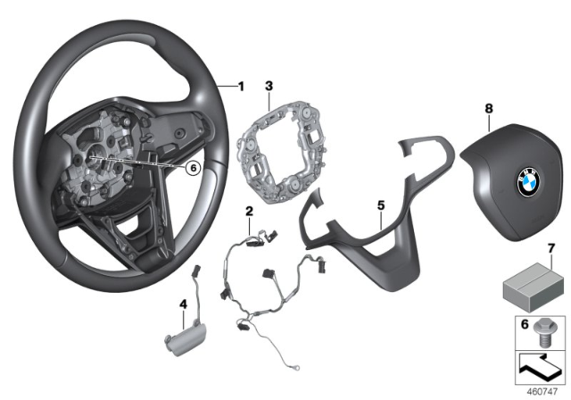 2018 BMW 740e xDrive Steering Wheel, Wood, Airbag Diagram