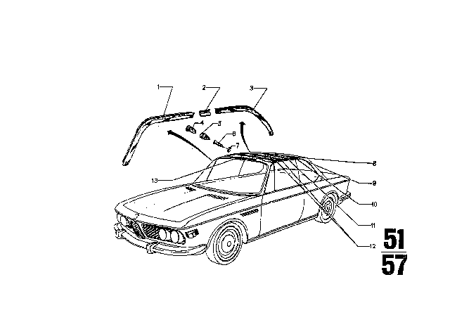 1971 BMW 3.0CS Roof Trim - Headlining / Handle Diagram