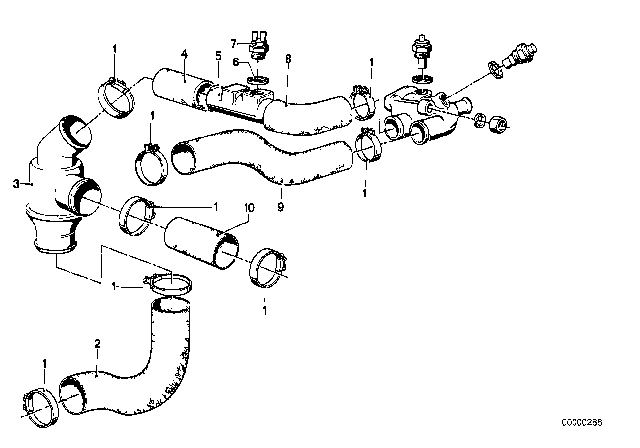 1978 BMW 320i Cooling System - Thermostat / Water Hoses Diagram 1