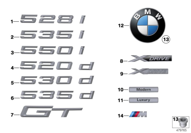 2016 BMW 550i GT xDrive Trunk Lid Gt Emblem Logo Sign Diagram for 51147336451